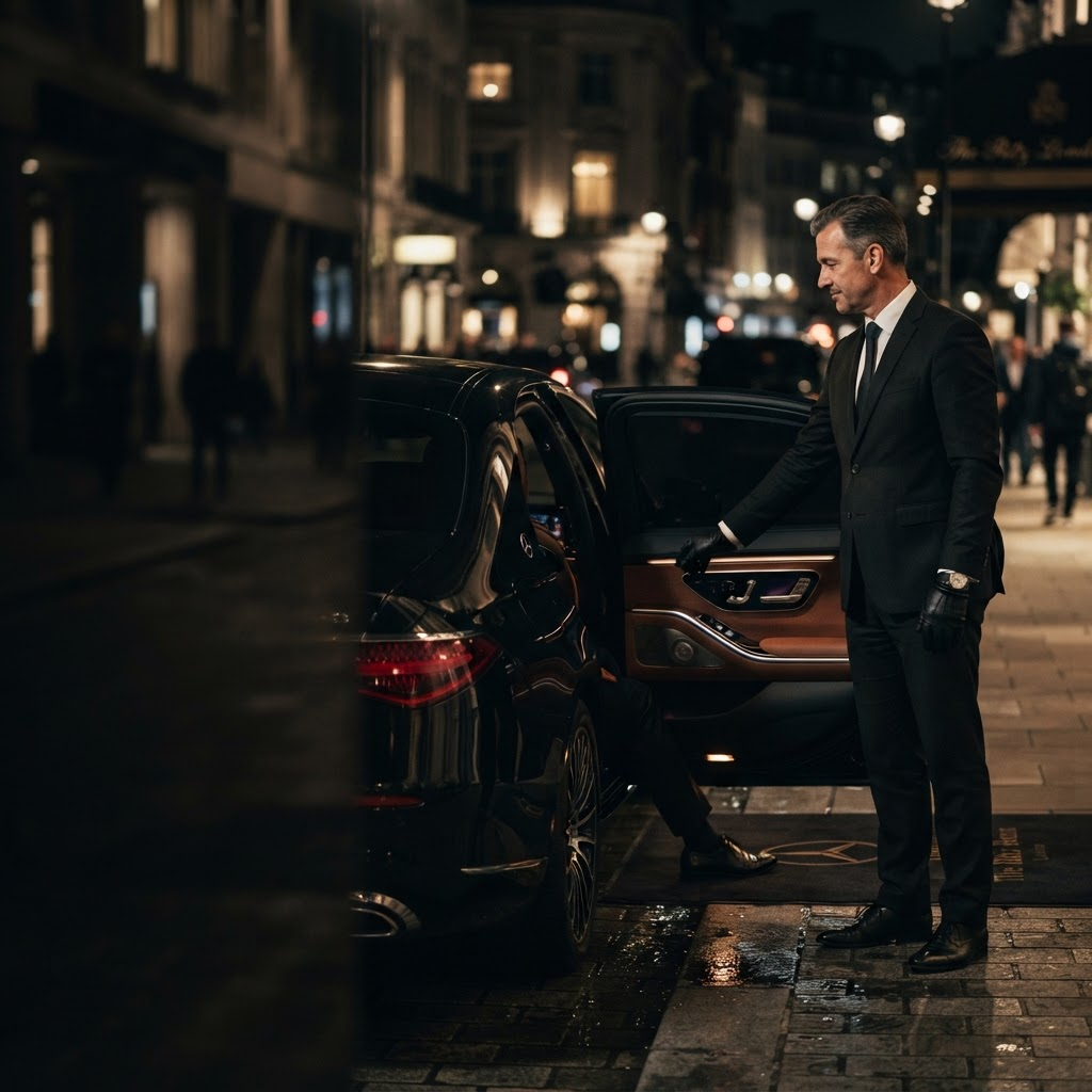 Professional chauffeur beside a black luxury Mercedes-Benz at night